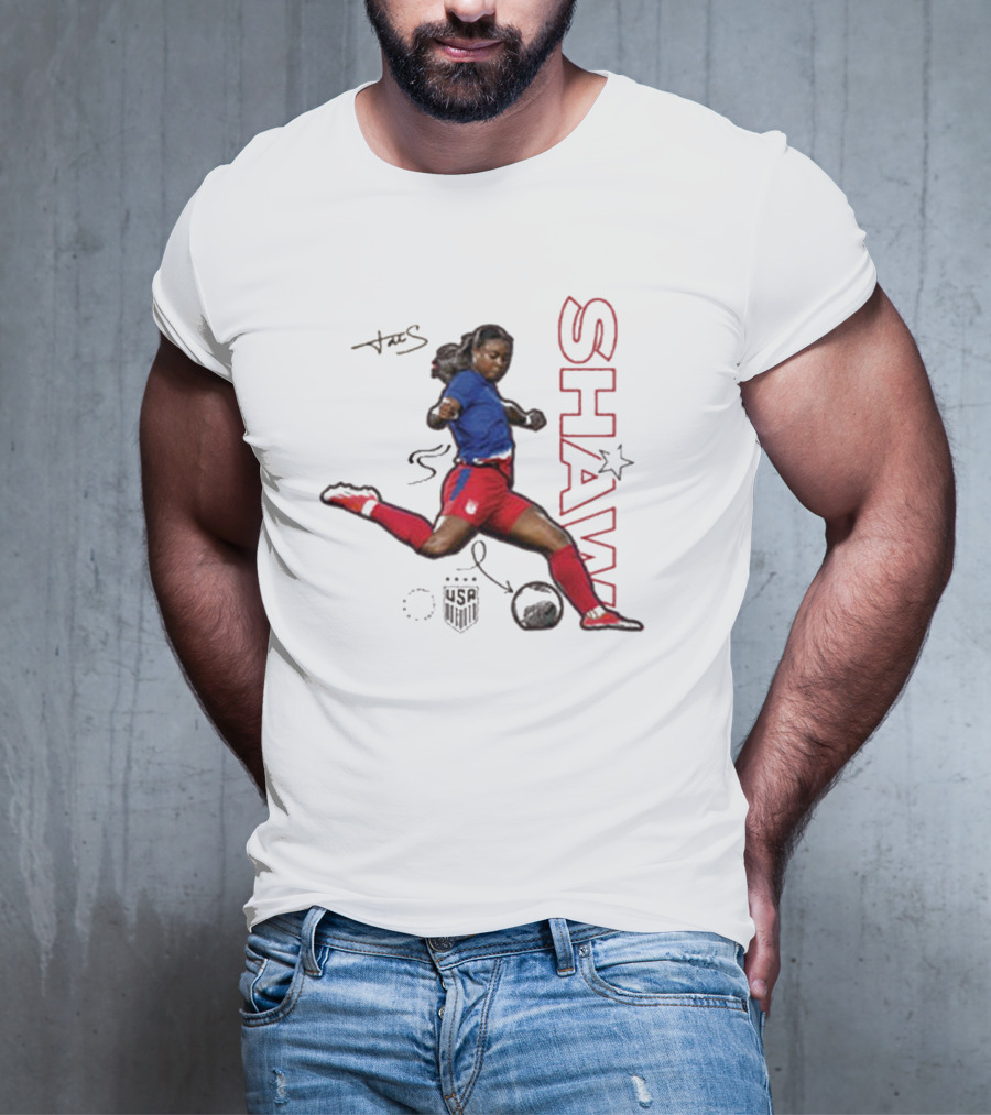 USWNT Jaedyn Shaw Signature Red And Blue Action Pose With Star T-Shirt