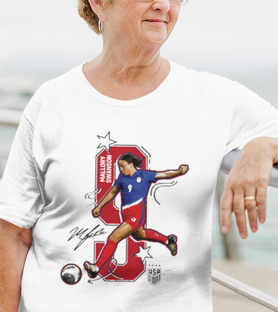 Mallory Swanson Number 9 USWNT Signature Red And Blue Player Action T-Shirt