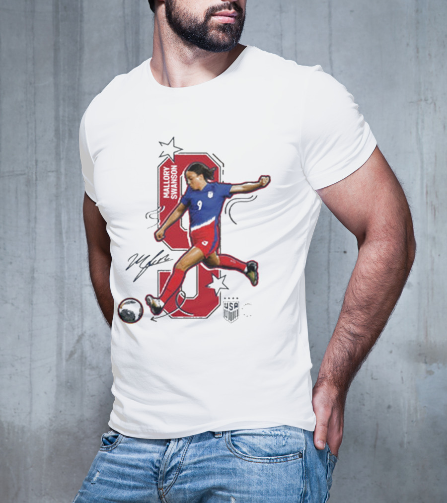 Mallory Swanson Number 9 USWNT Signature Red And Blue Player Action T-Shirt