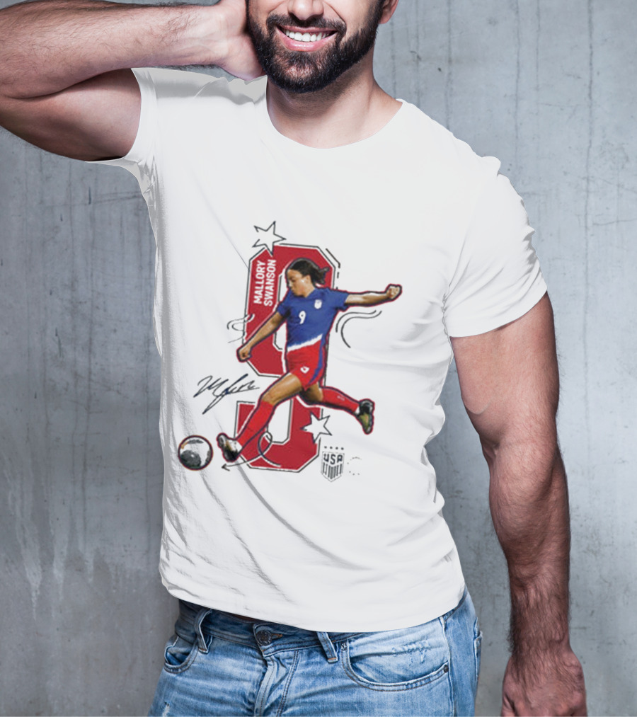 Mallory Swanson Number 9 USWNT Signature Red And Blue Player Action T-Shirt