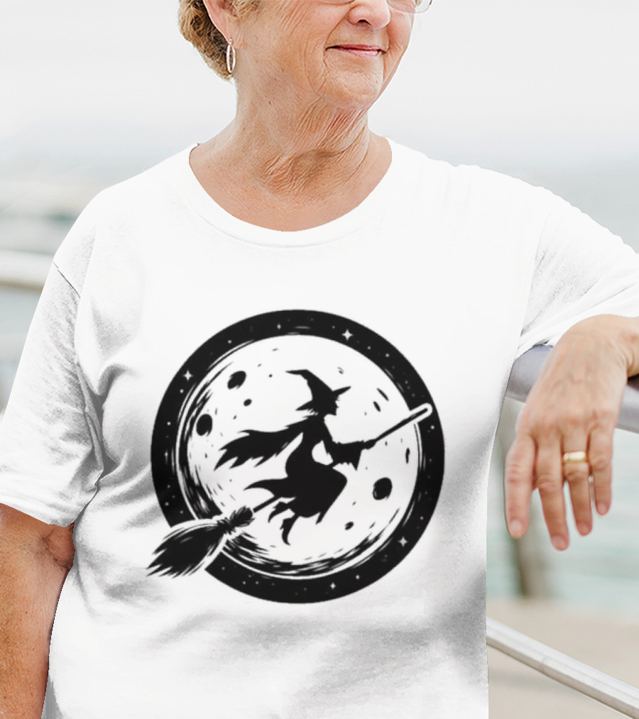 Spooky Halloween Witch Flying Across Full Moon Night T-Shirt