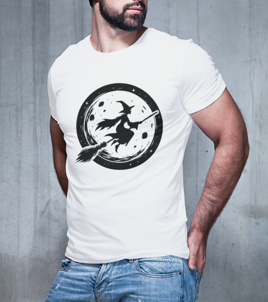Spooky Halloween Witch Flying Across Full Moon Night T-Shirt