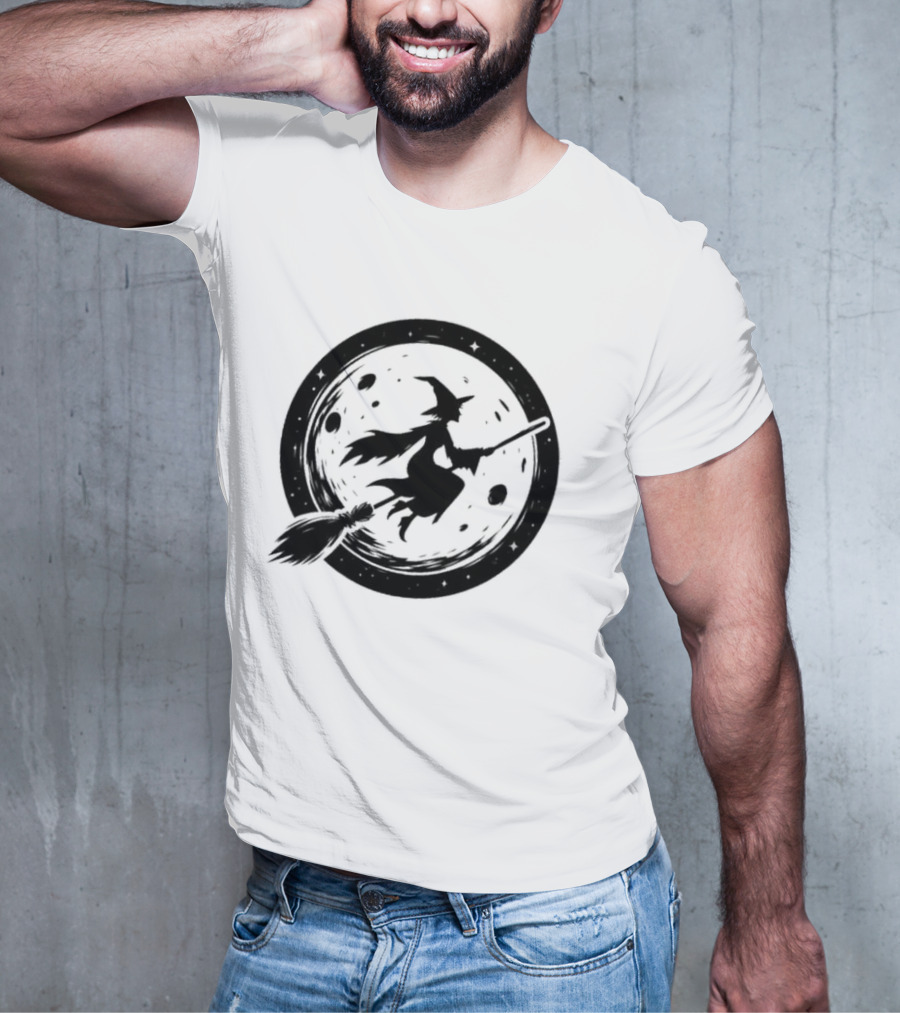 Spooky Halloween Witch Flying Across Full Moon Night T-Shirt