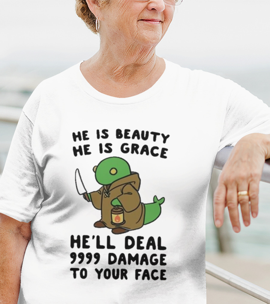 He Is Beauty He Is Grace He’ll Deal 9999 Damage To Your Face Lantern-Wielding Creature In Brown Robe With Knife T-Shirt