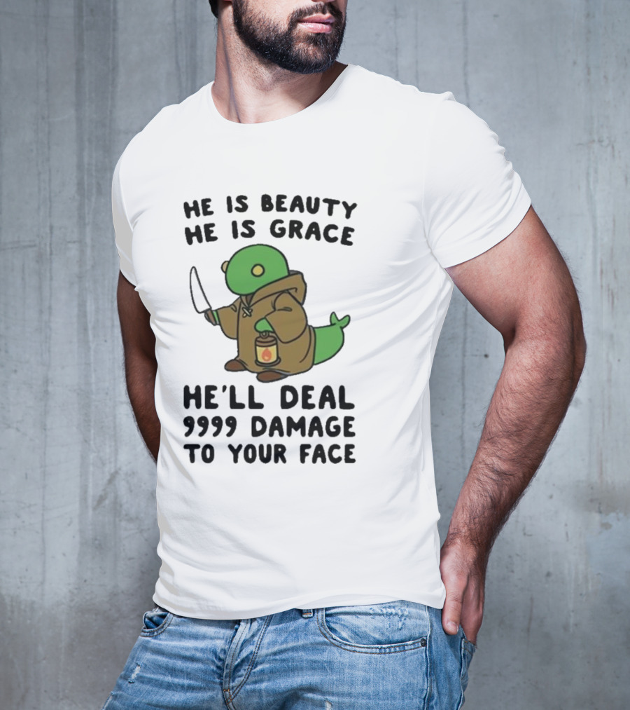 He Is Beauty He Is Grace He’ll Deal 9999 Damage To Your Face Lantern-Wielding Creature In Brown Robe With Knife T-Shirt