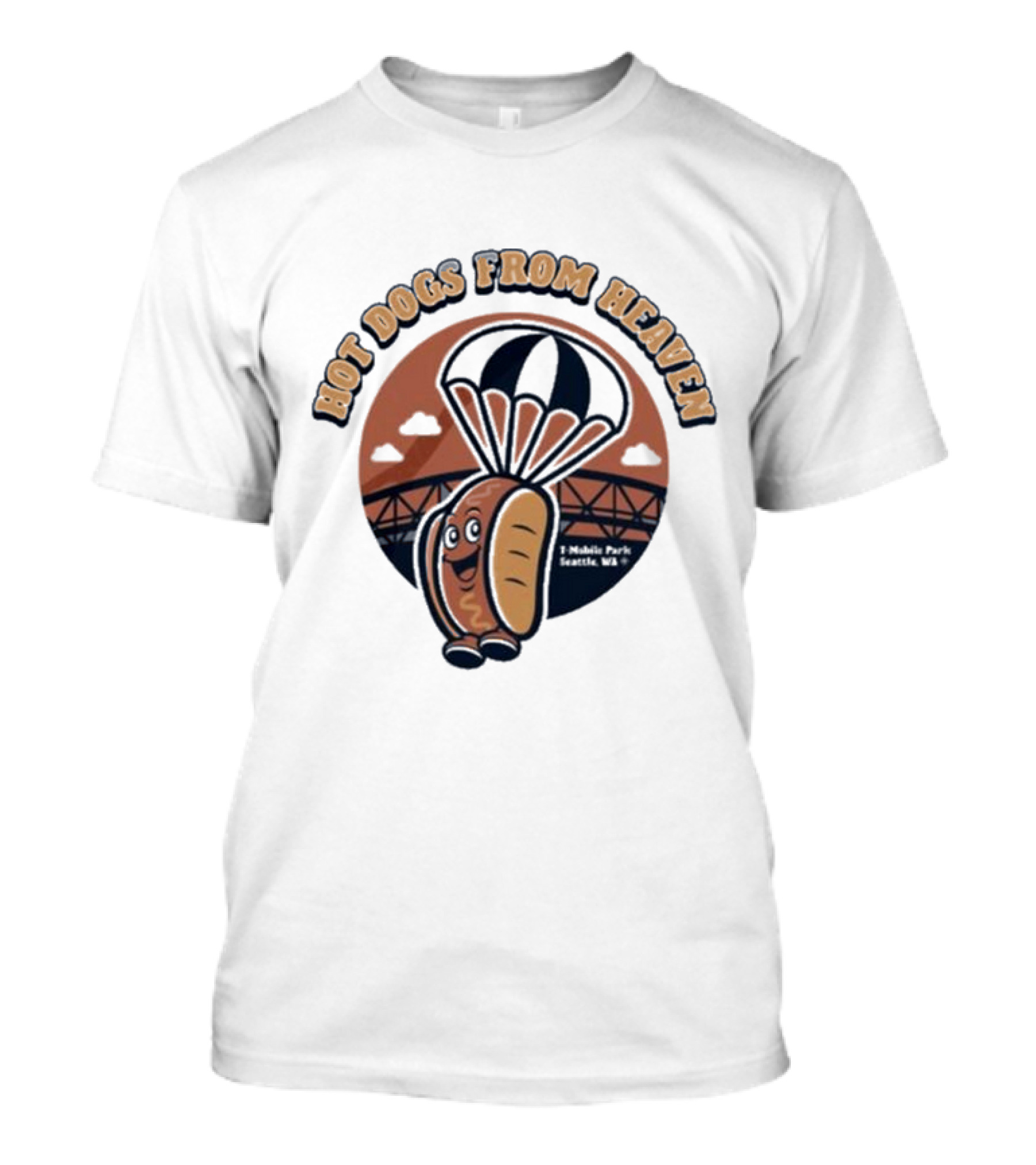 Hot Dogs From Heaven Parachuting Cartoon Bridge Scene T-Shirt