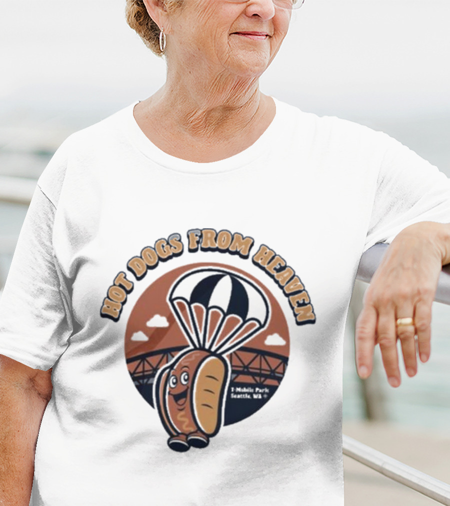 Hot Dogs From Heaven Parachuting Cartoon Bridge Scene T-Shirt