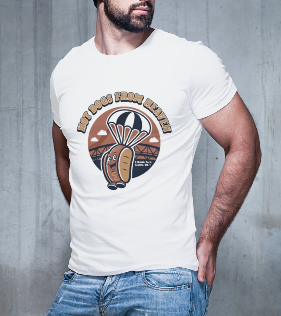 Hot Dogs From Heaven Parachuting Cartoon Bridge Scene T-Shirt