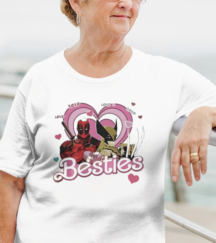 Deadpool Wolverine Love Hearts Besties Cute Friends T-Shirt