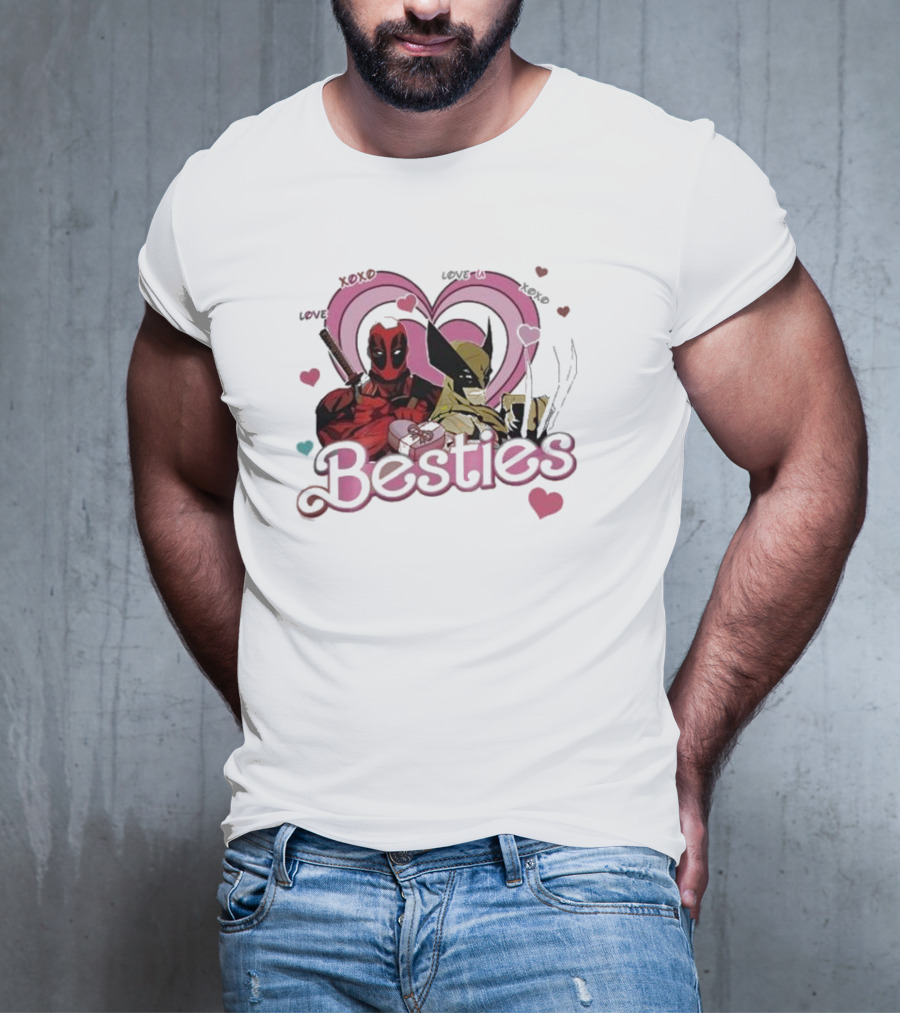 Deadpool Wolverine Love Hearts Besties Cute Friends T-Shirt