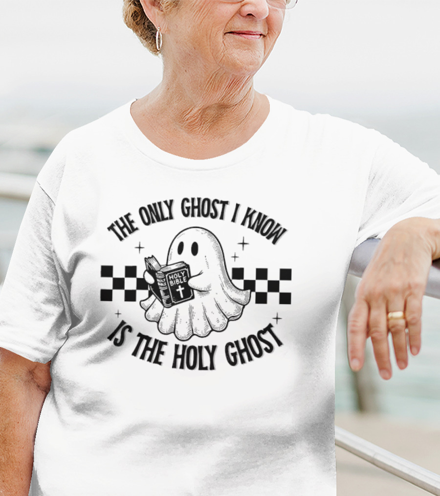 The Only Ghost I Know Is The Holy Ghost Funny Boo Bible Holy Ghost Holding Holy Bible Checkered Background T-Shirt
