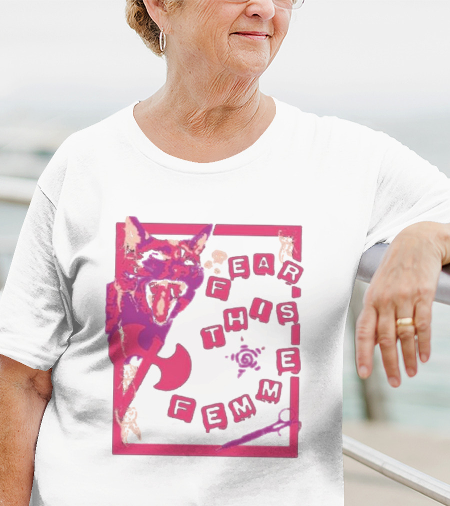 Fear This Femme Cat And Axe Retro Typography Pink Acid Wash T-Shirt