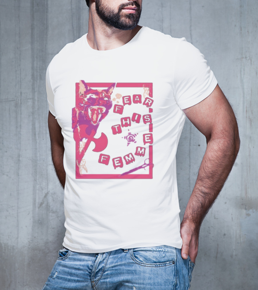 Fear This Femme Cat And Axe Retro Typography Pink Acid Wash T-Shirt