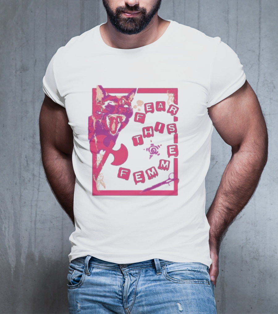 Fear This Femme Cat And Axe Retro Typography Pink Acid Wash T-Shirt