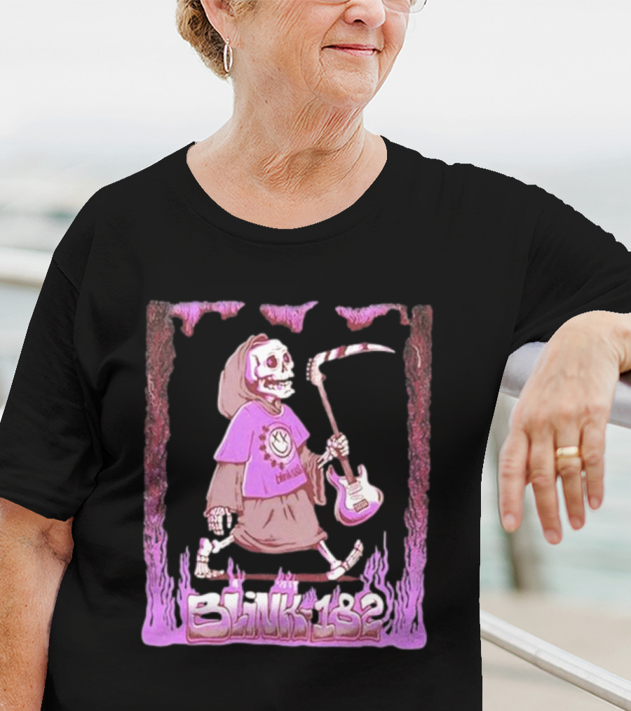 Blink-182 Grim Reaper Skeleton With Guitar Flame Border T-Shirt