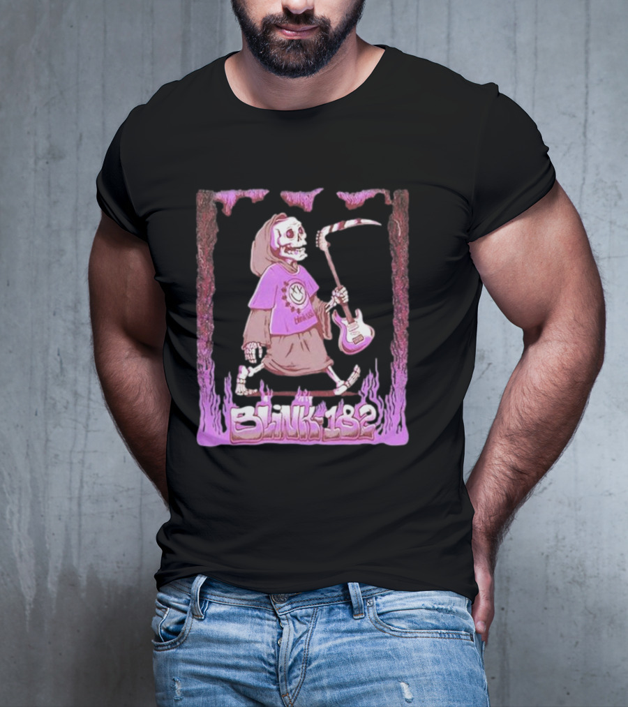 Blink-182 Grim Reaper Skeleton With Guitar Flame Border T-Shirt