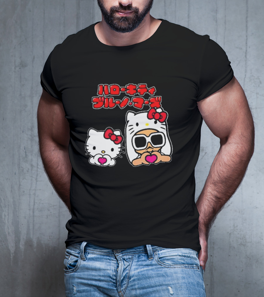 Bruno Mars X Hello Kitty Collaboration Japan Style Cute Characters With Sunglasses And Heart T-Shirt