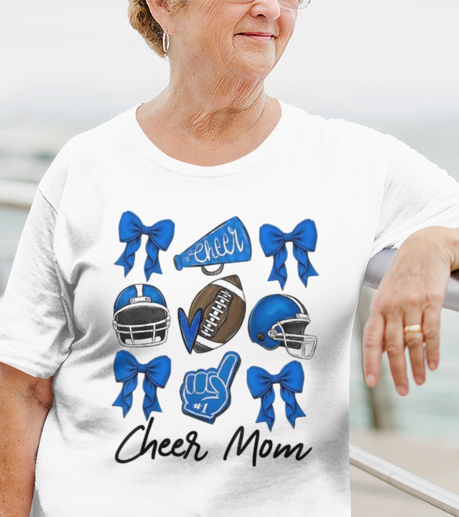 Cheer Mom Era Pom Cheer Leopard Football Coquette Bow Blue T-Shirt