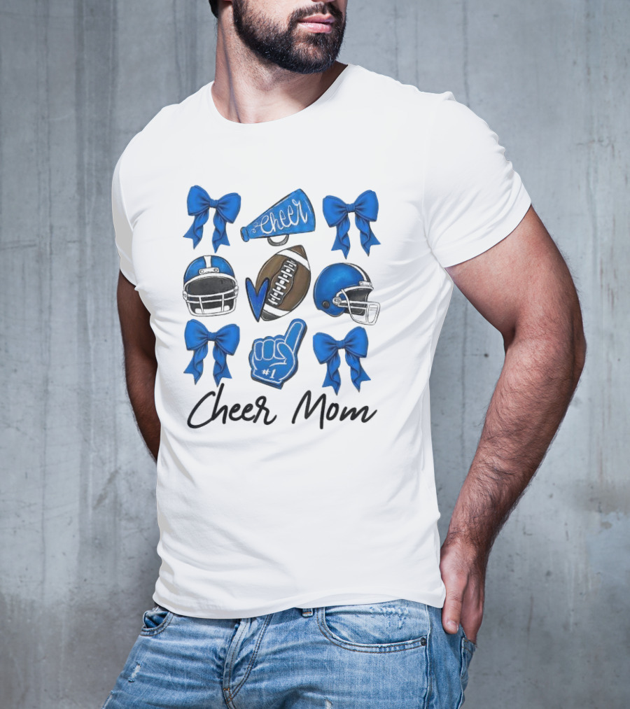 Cheer Mom Era Pom Cheer Leopard Football Coquette Bow Blue T-Shirt
