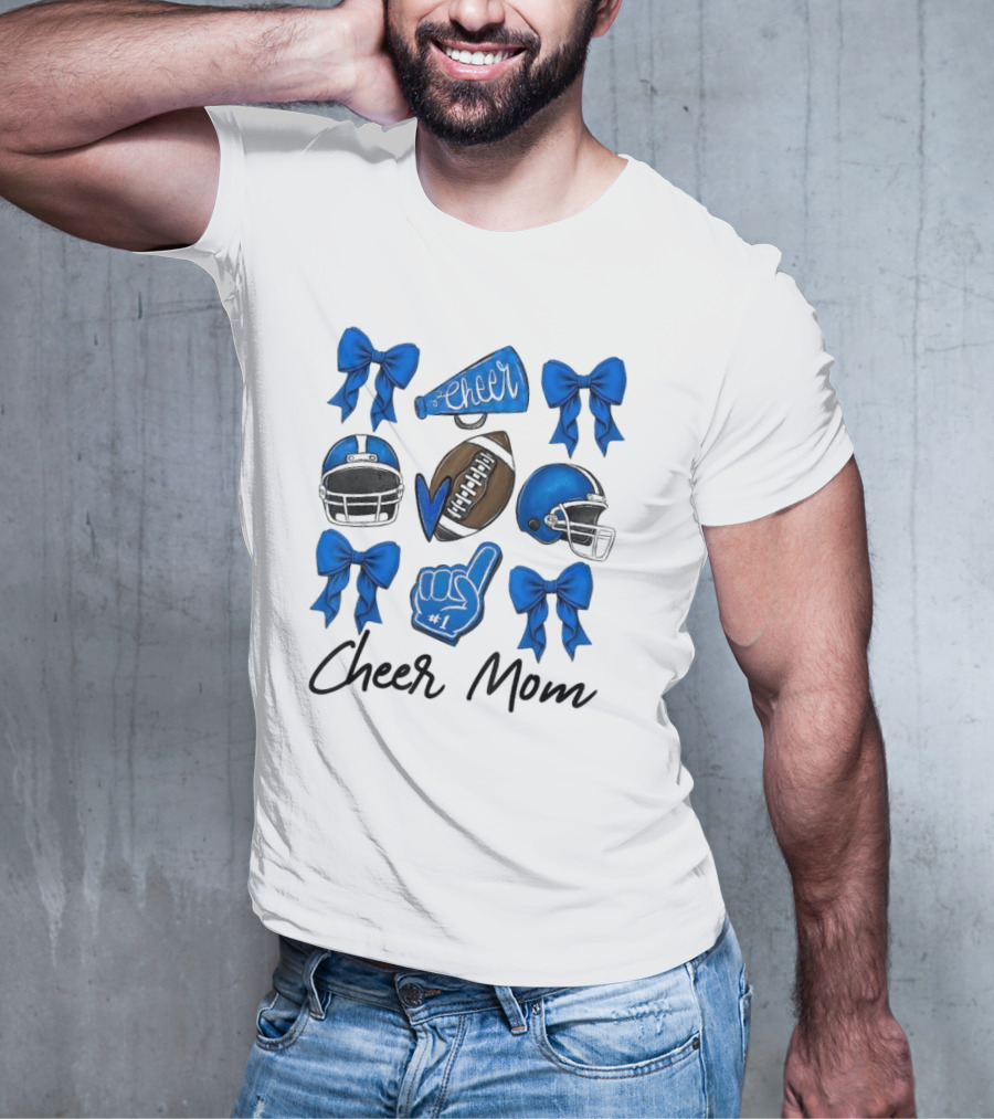 Cheer Mom Era Pom Cheer Leopard Football Coquette Bow Blue T-Shirt