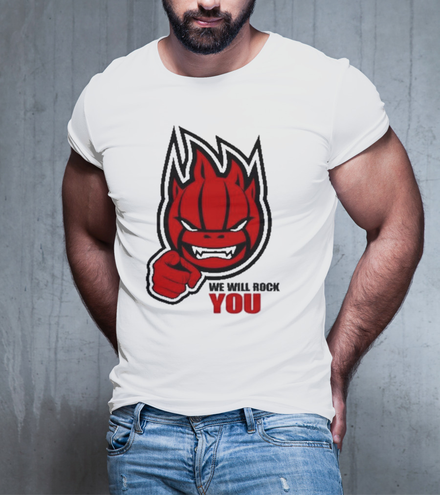 Sir Safety Perugia We Will Rock You Red Flame Character With Pointing Finger T-Shirt