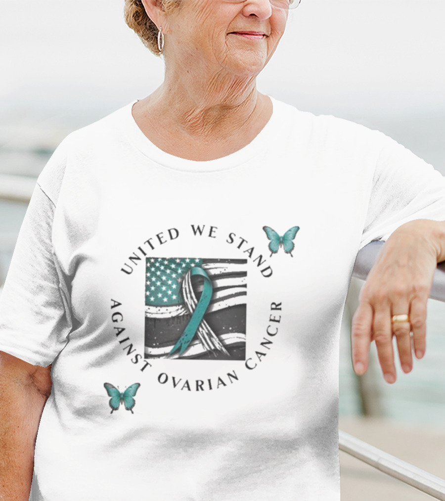 United We Stand Against Ovarian Cancer Ribbon American Flag Butterfly T-Shirt