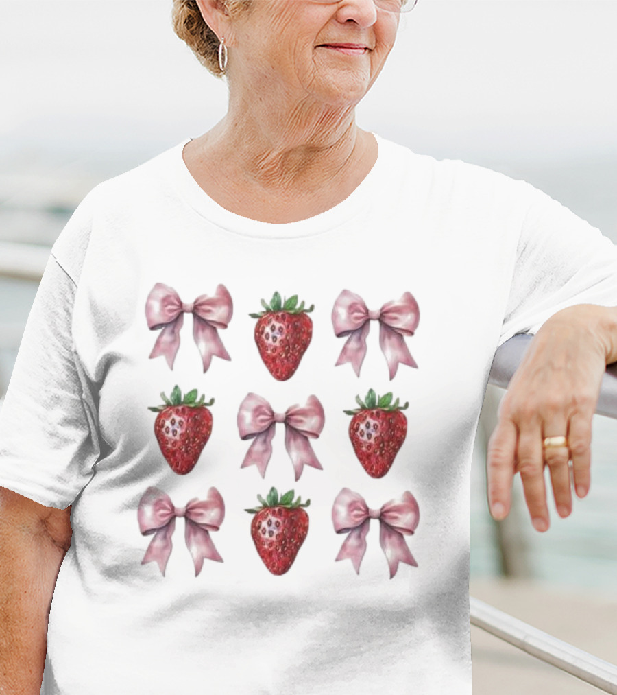 Women’s Summer Strawberries With Pink Bows Coquette T-Shirt
