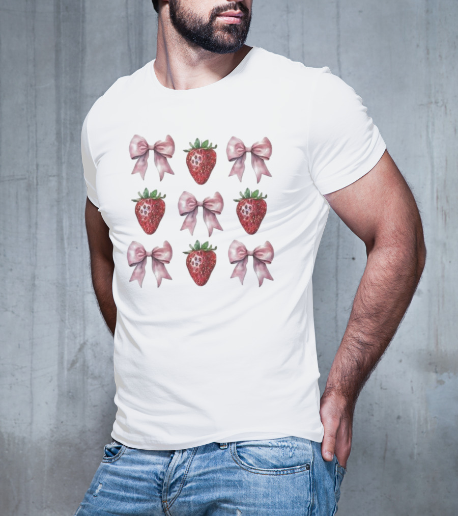Women’s Summer Strawberries With Pink Bows Coquette T-Shirt