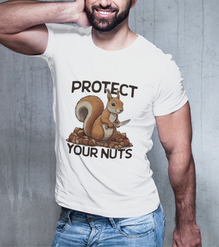 Protect Your Nuts Squirrel Holding Knife Surrounded By Nuts T-Shirt