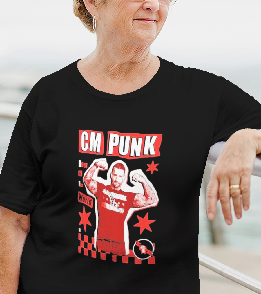 CM Punk Best In The World Star Power Flex Pose Red Stars Checker T-Shirt