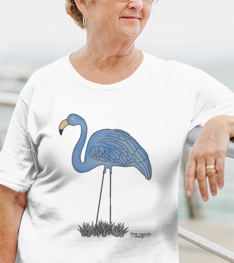 Time Capsule Design Blue Flamingo On Black Grass Background T-Shirt