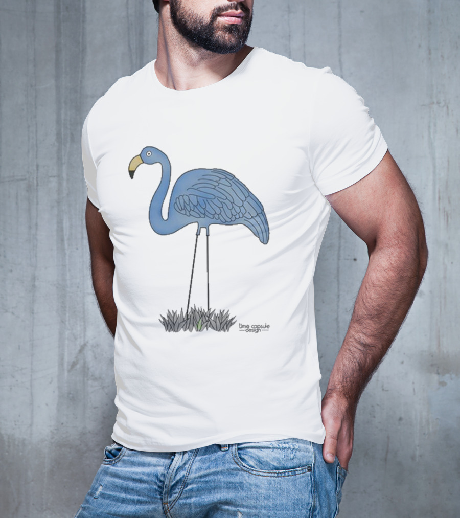 Time Capsule Design Blue Flamingo On Black Grass Background T-Shirt