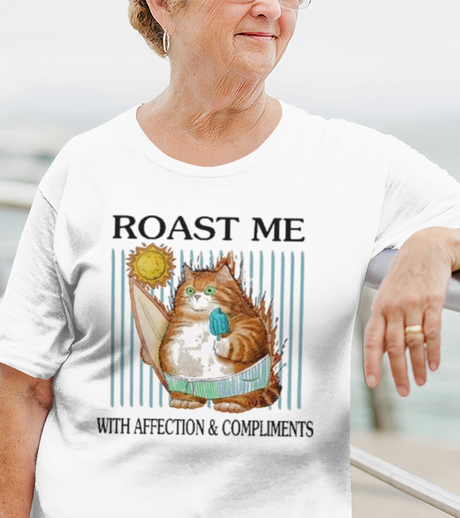 Roast Me Cat With Affection And Compliments Surfing Ice Cream Sun T-Shirt
