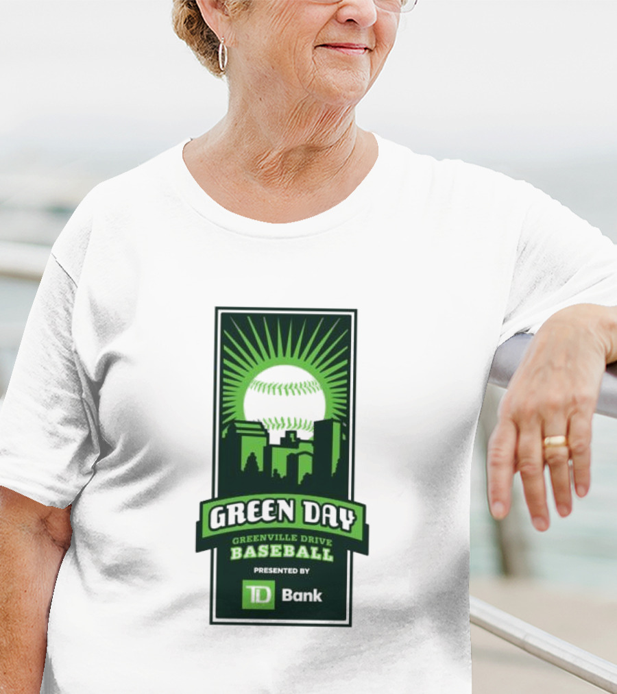 Green Day Greenville Drive Baseball Presented By TD Bank Skyline Baseball Sunburst T-Shirt