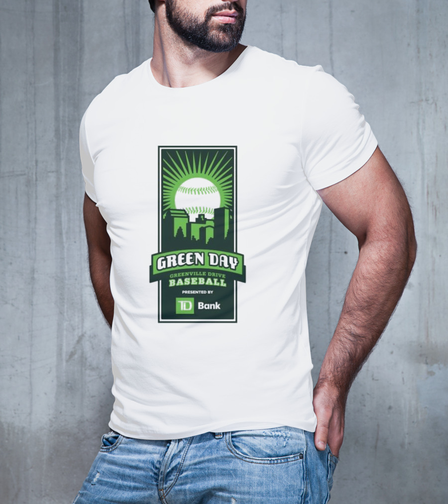 Green Day Greenville Drive Baseball Presented By TD Bank Skyline Baseball Sunburst T-Shirt