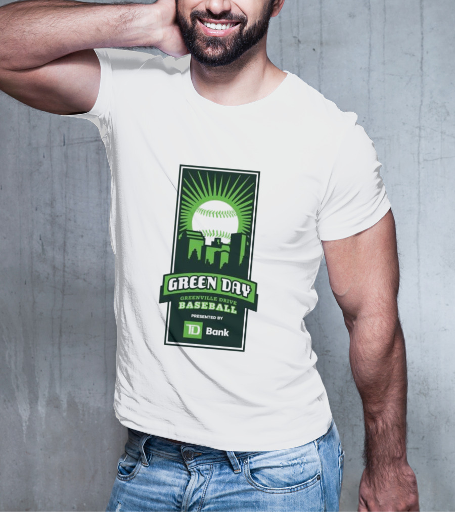 Green Day Greenville Drive Baseball Presented By TD Bank Skyline Baseball Sunburst T-Shirt
