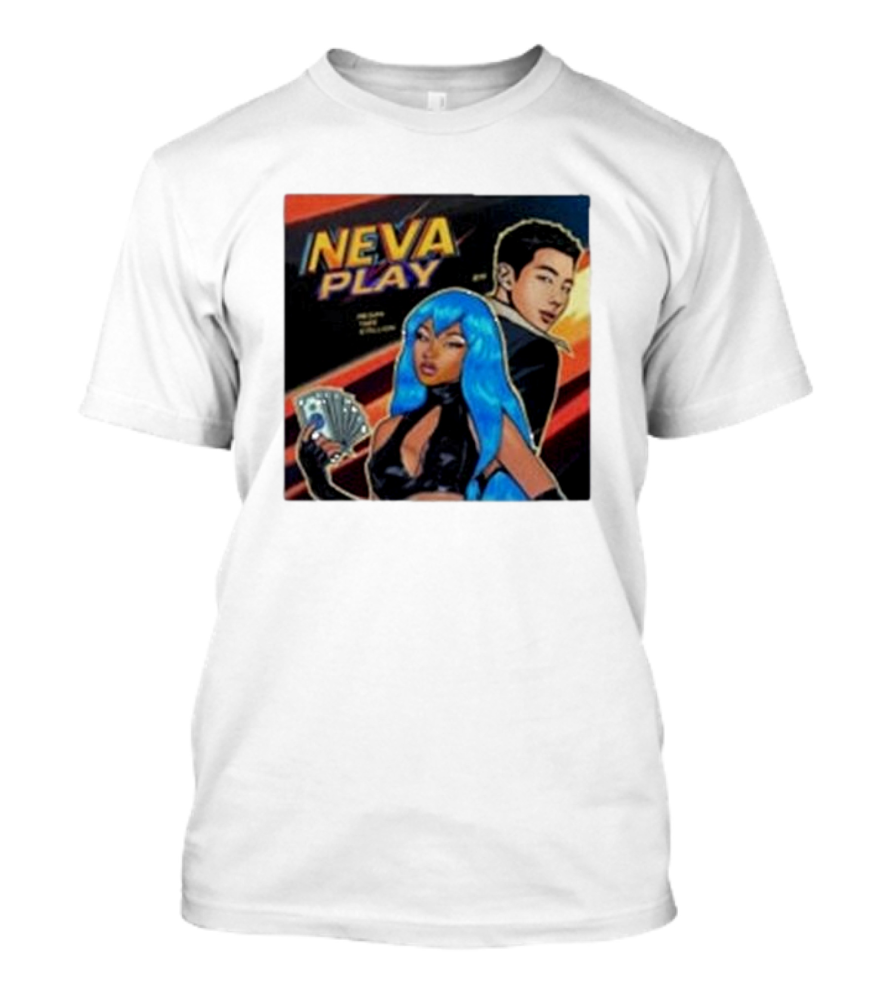 Megan Thee Stallion Neva Play Comic Style Artwork With Blue-Haired Character And Cards T-Shirt