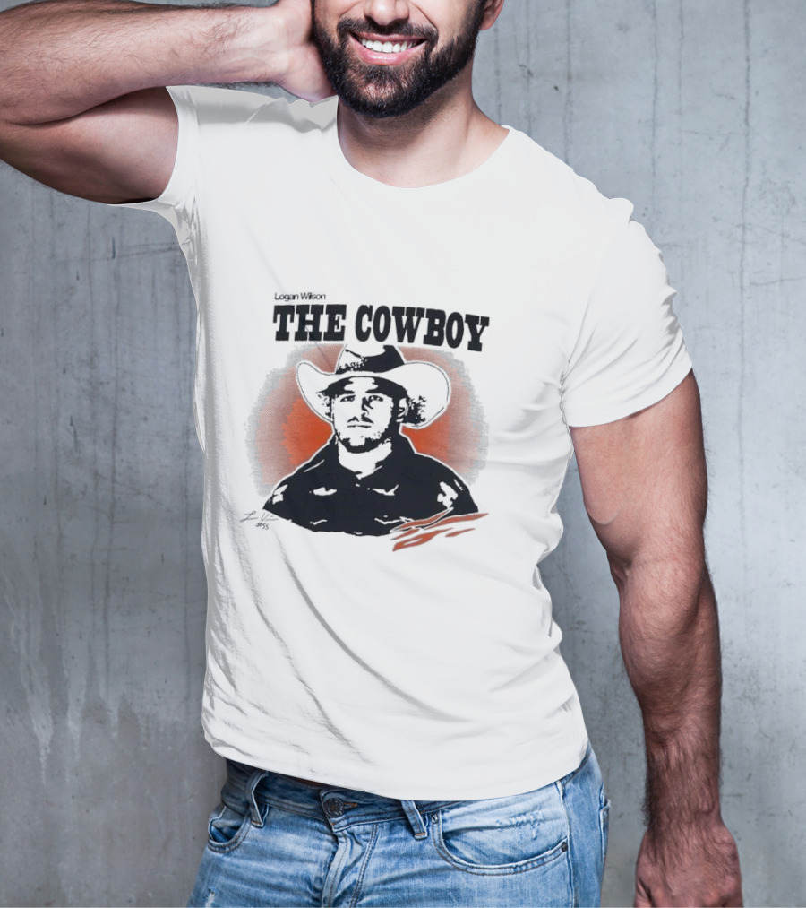 Logan Wilson The Cowboy Signature Art With Western Hat And Orange Backdrop T-Shirt
