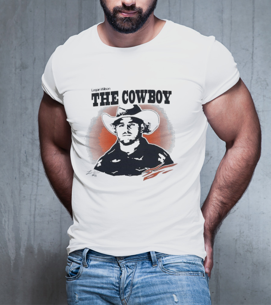 Logan Wilson The Cowboy Signature Art With Western Hat And Orange Backdrop T-Shirt