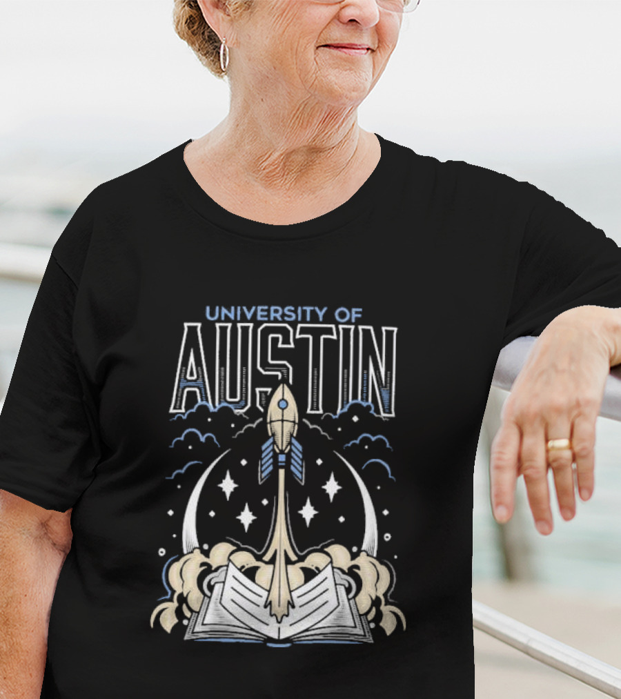 University Of Austin Rocket Book Imagery With Stars And Clouds T-Shirt
