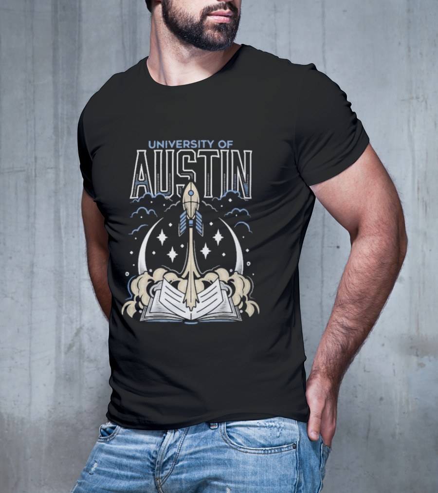 University Of Austin Rocket Book Imagery With Stars And Clouds T-Shirt