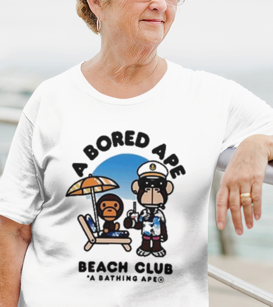 A Bored Ape Beach Club A Bathing Ape Officer And Relaxing Ape Scene T-Shirt