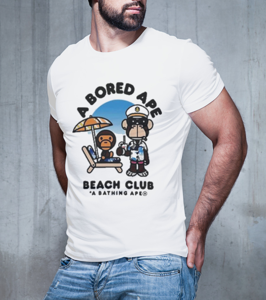 A Bored Ape Beach Club A Bathing Ape Officer And Relaxing Ape Scene T-Shirt