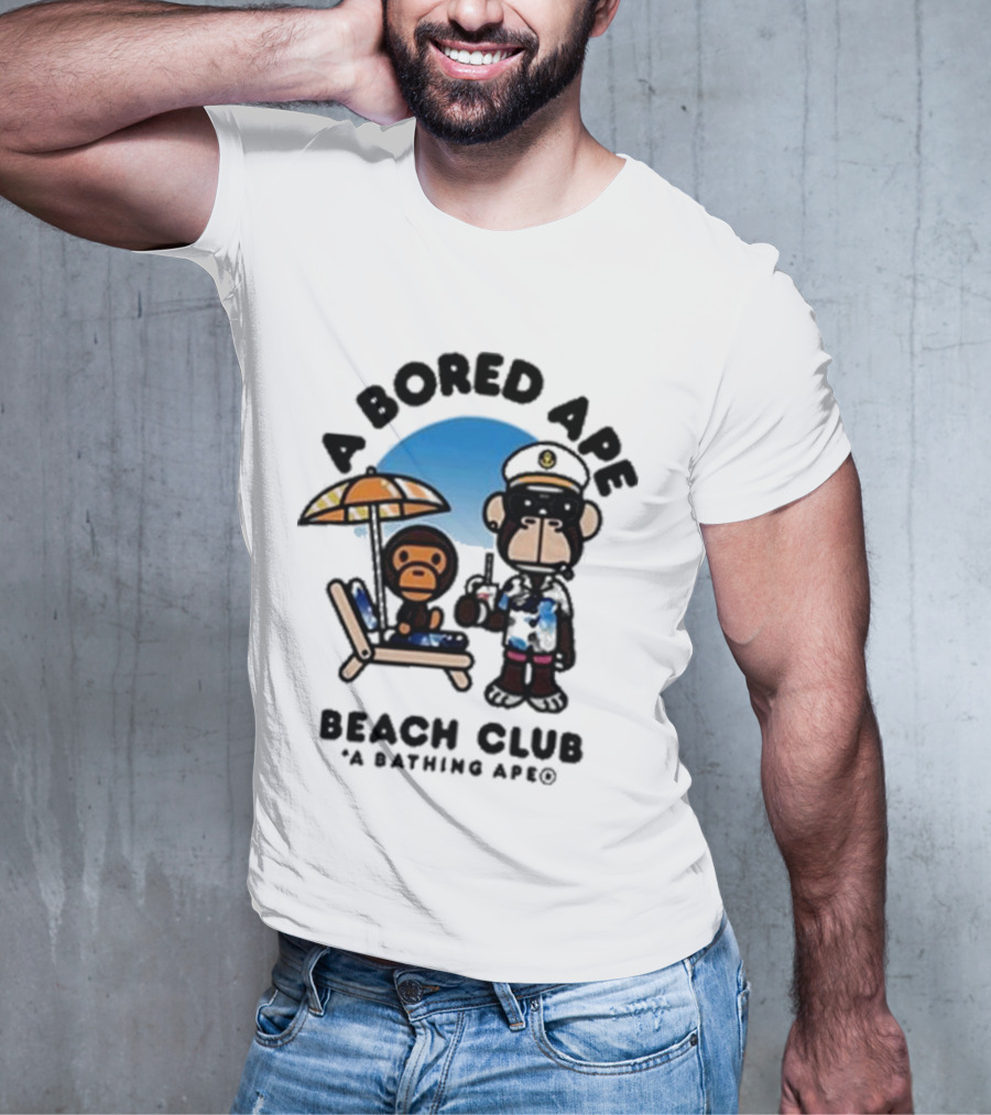 A Bored Ape Beach Club A Bathing Ape Officer And Relaxing Ape Scene T-Shirt