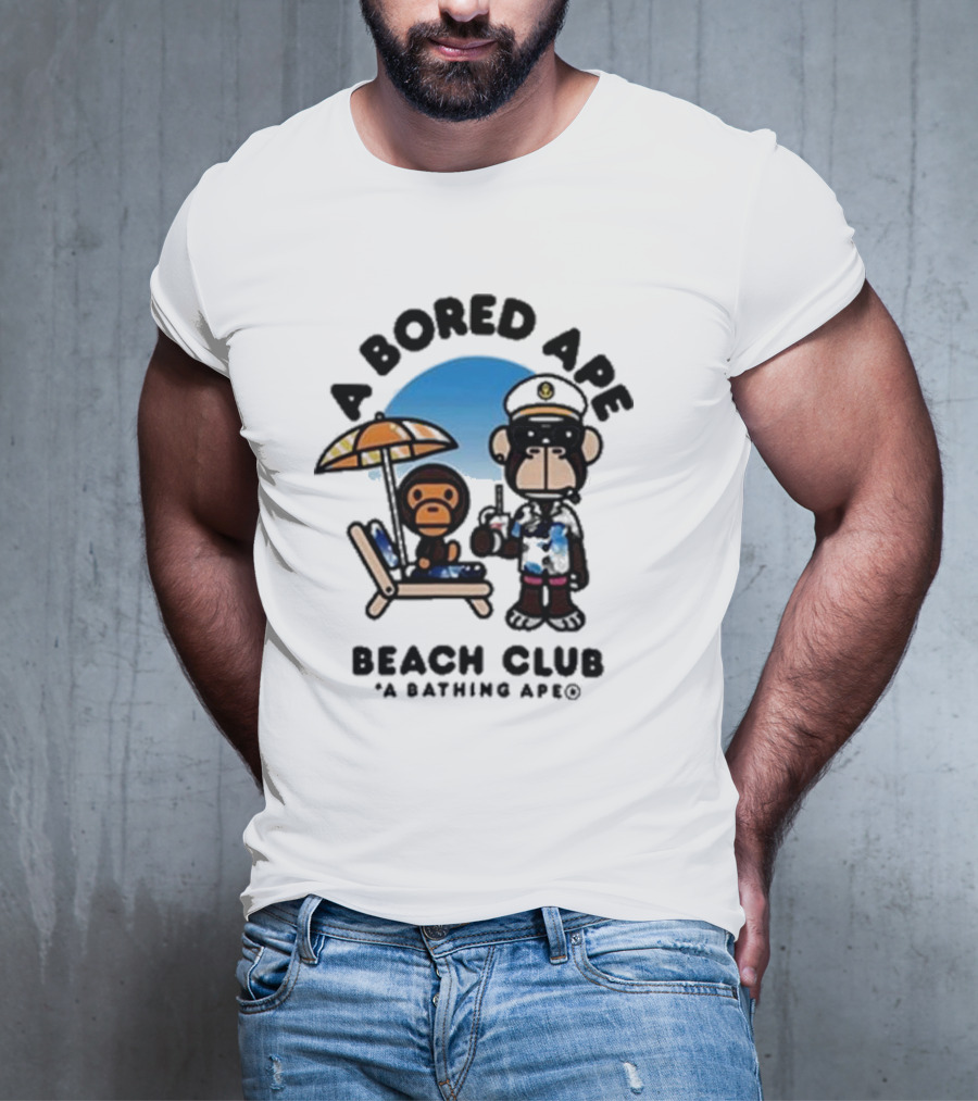 A Bored Ape Beach Club A Bathing Ape Officer And Relaxing Ape Scene T-Shirt