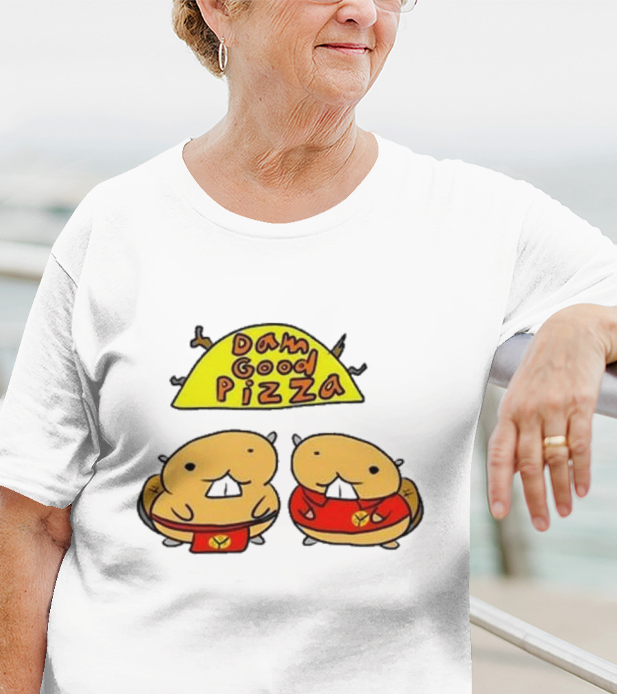 Dam Good Pizza Beaver Characters Duo In Red With Iconic Yellow Cheese Slice T-Shirt