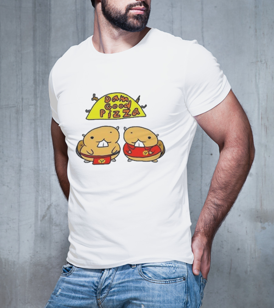 Dam Good Pizza Beaver Characters Duo In Red With Iconic Yellow Cheese Slice T-Shirt