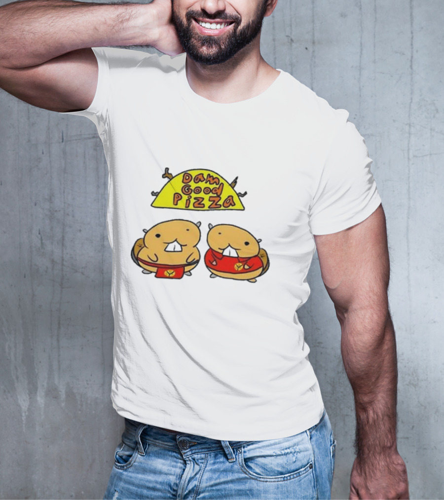 Dam Good Pizza Beaver Characters Duo In Red With Iconic Yellow Cheese Slice T-Shirt