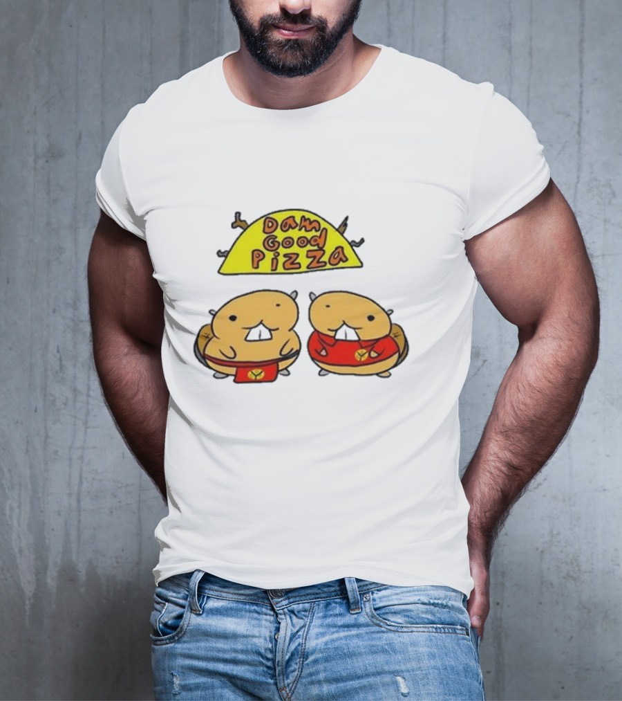 Dam Good Pizza Beaver Characters Duo In Red With Iconic Yellow Cheese Slice T-Shirt