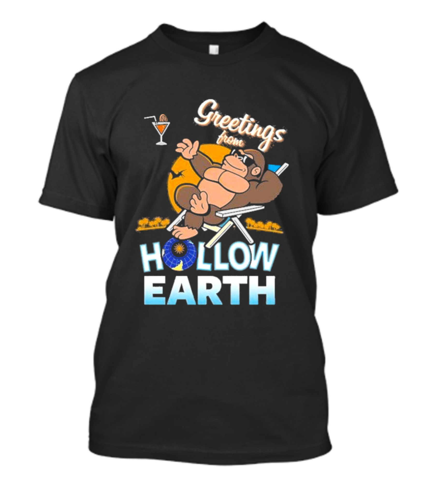Greetings From Hollow Earth Giant Monster Relaxing With Tropical Cocktail T-Shirt